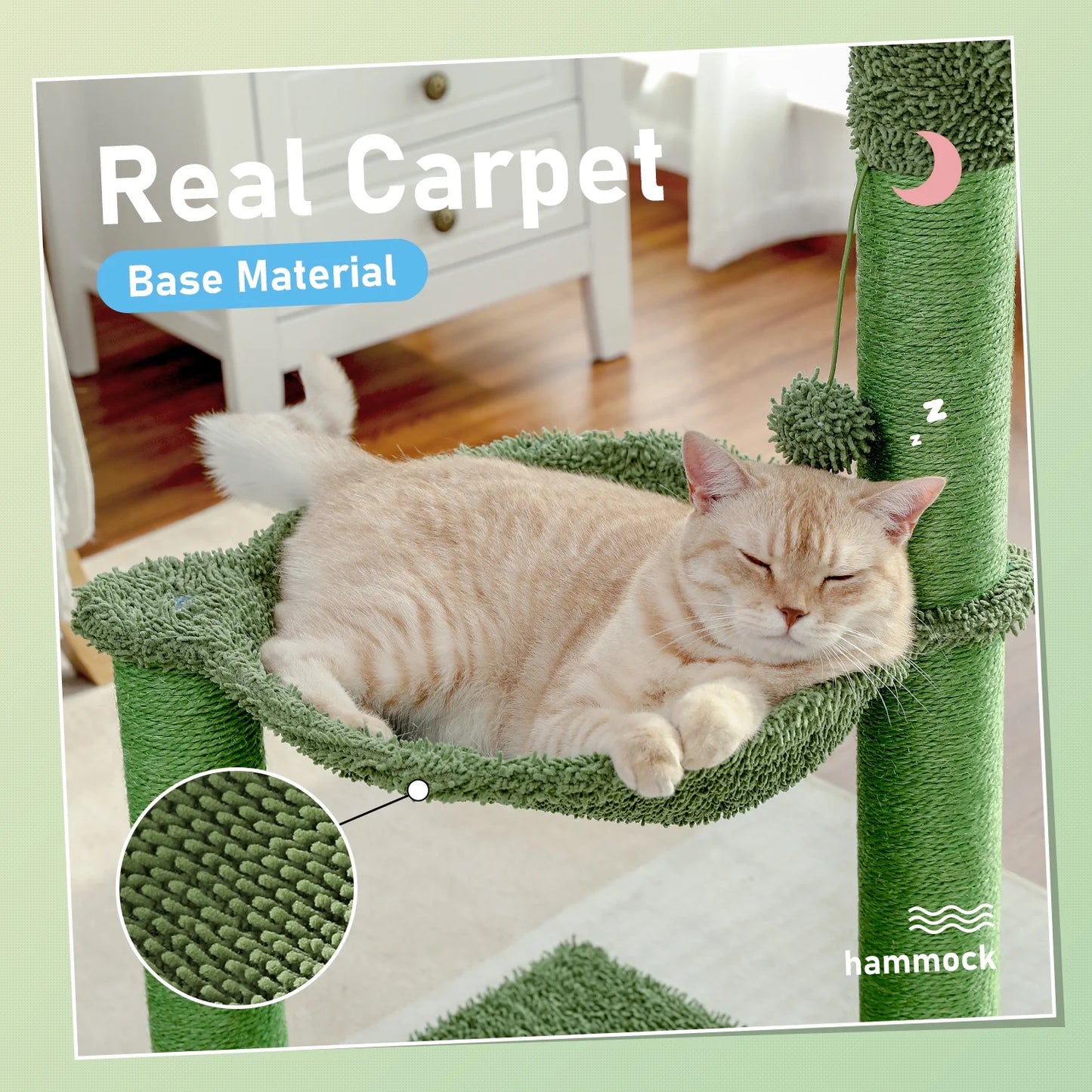 33" Cactus Cat Scratching Post Large Cat Scratcher with Big Hammock for Indoor Pet Green