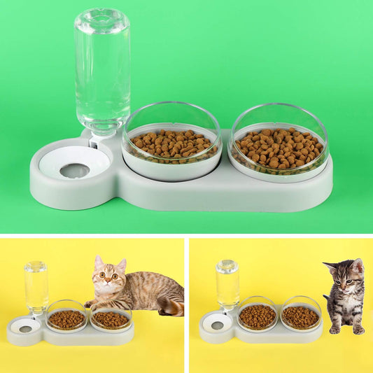 Triple Dog Cat Bowls Automatic Pet Feeder 15°Tilt and 360°Rotatable Double Food Bowl with Automatic Water Bottle Bowl Detachable Small and Medium Dogs and Cats Use (Grey)