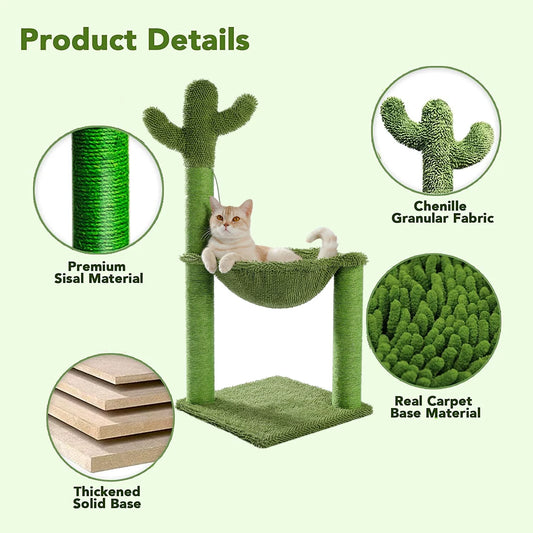 33" Cactus Cat Scratching Post Large Cat Scratcher with Big Hammock for Indoor Pet Green