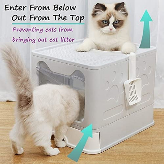 Large Cat Litter Box with Lid, Foldable Cat Litter Box With Cat Litter Scoop, Drawer Type Cat Litter Pan Easy to Scoop & Clean, Self Cleaning Cat Litter Box (Gray)