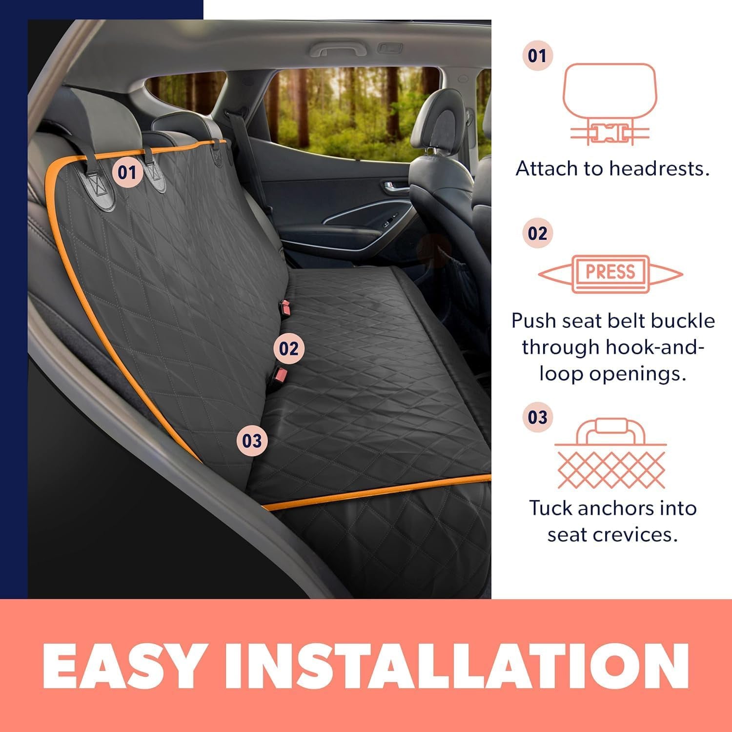 Dog Car Seat Cover for Back Seat, Waterproof Pet Hammock Protector, Durable Nonslip Seat Protection SUV Truck, Standard 53"X56", Orange