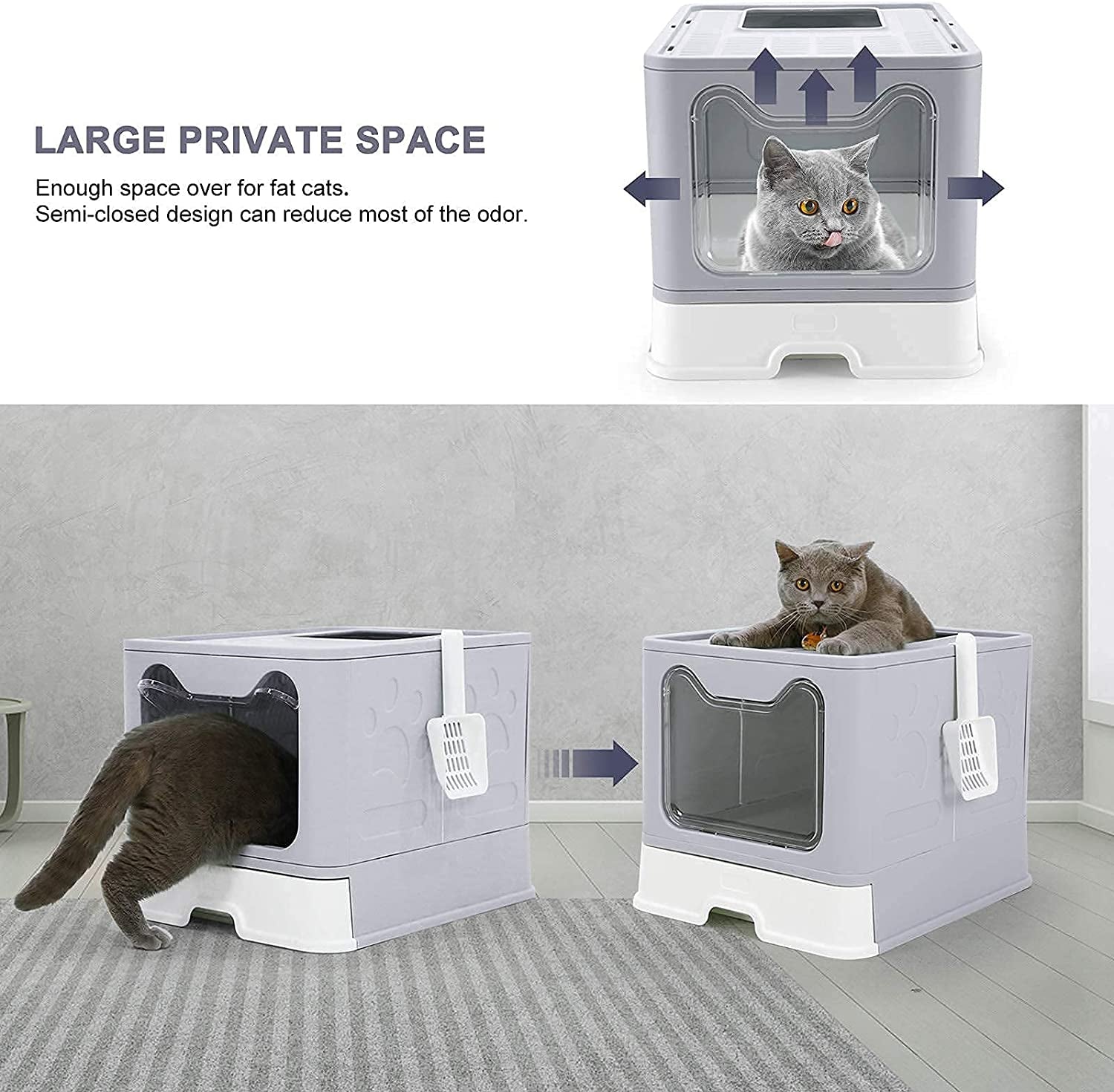 Large Cat Litter Box with Lid, Foldable Cat Litter Box ​With Cat Litter Scoop, Drawer Type Cat Litter Pan Easy to Scoop & Clean, Self Cleaning Cat Litter Box (Gray)