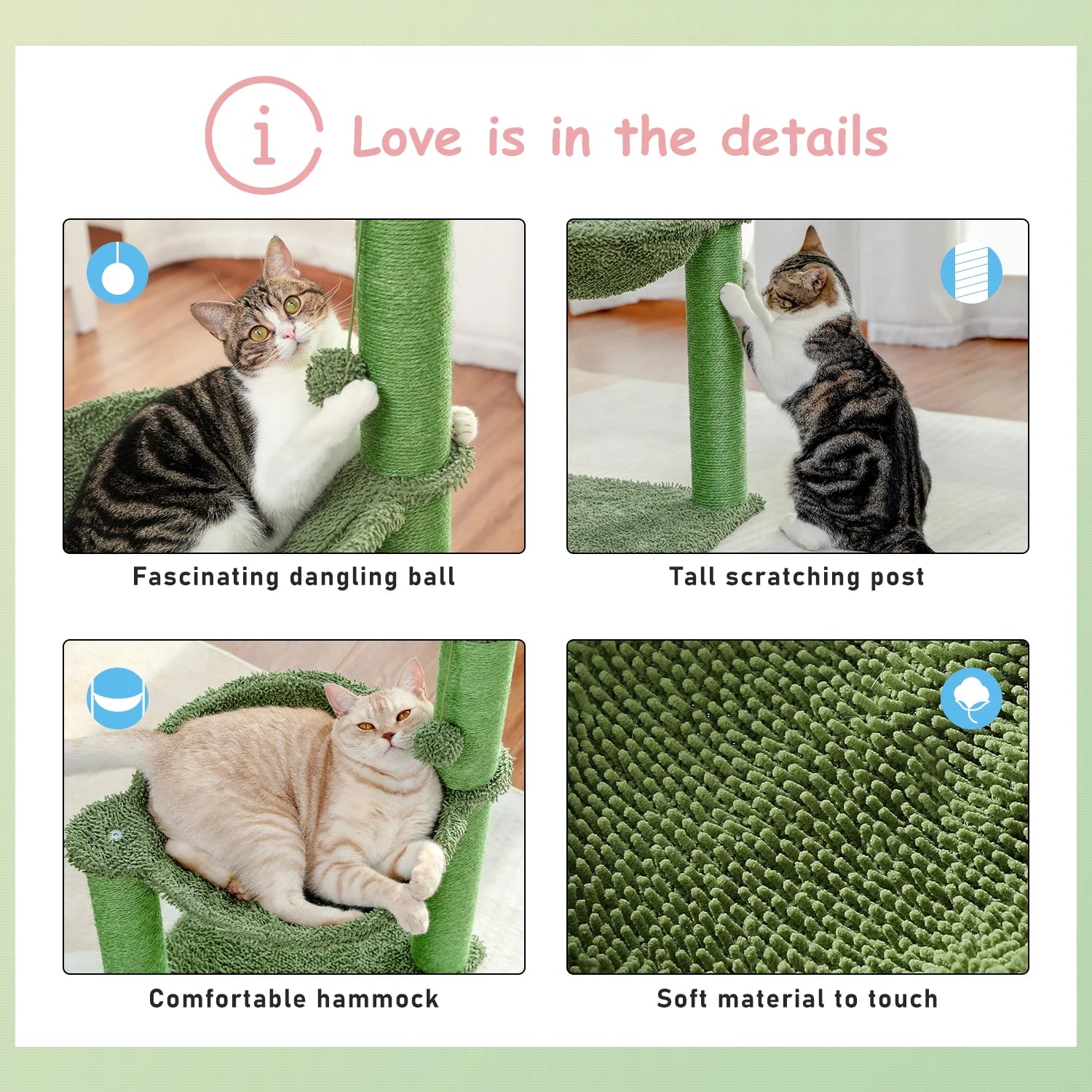 33" Cactus Cat Scratching Post Large Cat Scratcher with Big Hammock for Indoor Pet Green